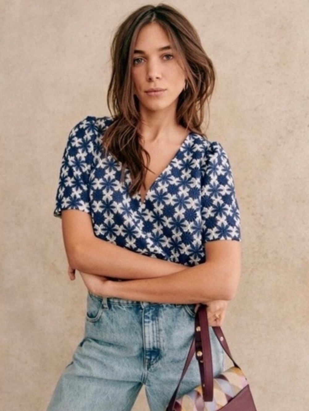 NWT Sézane Emma Blouse 8 /40 Color - Marine (Navy & White) Lace Guipure French